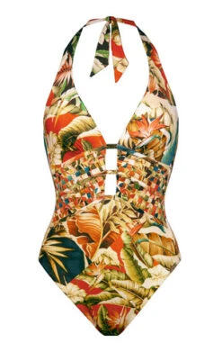 Maryan Mehlhorn Sepia Leaves Halterneck 1 Piece Swimsuit -Maison SL Store 506 4112 507