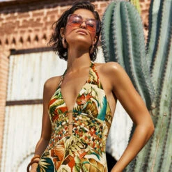 Maryan Mehlhorn Sepia Leaves Halterneck 1 Piece Swimsuit